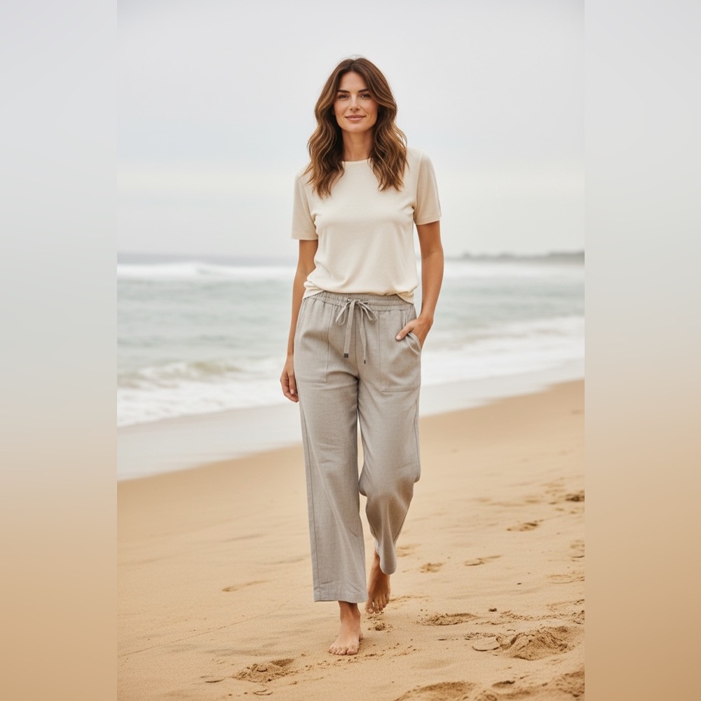 Relaxed Drawstring Wide-Leg Creamy Gray Pants Sz SMALL